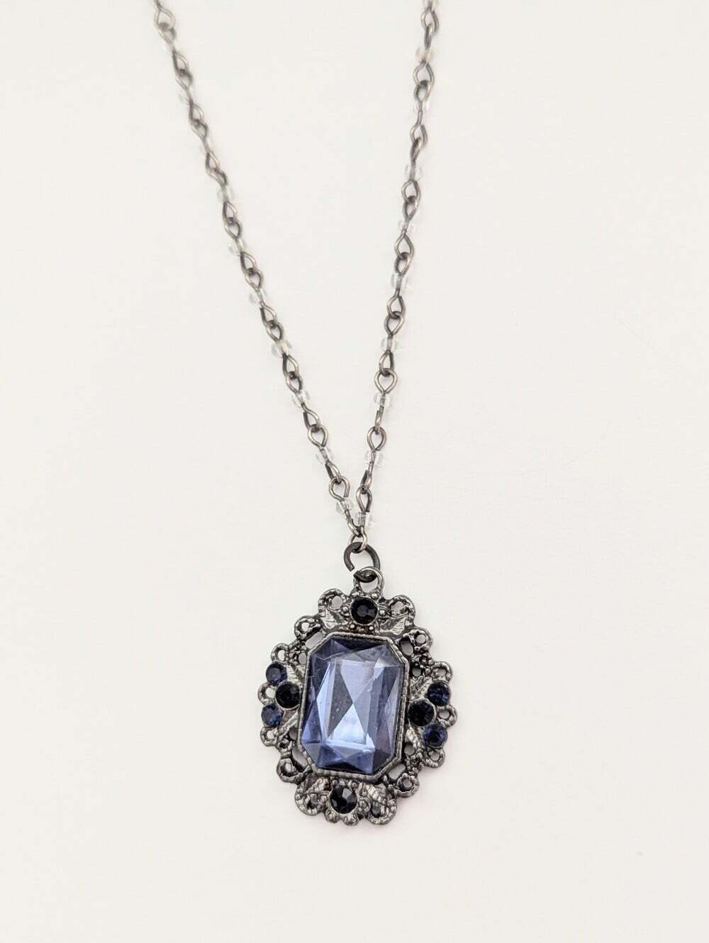 Vintage Victorian Inspired Dark Silver-Tone Pendant Necklace w/Blue Stones
